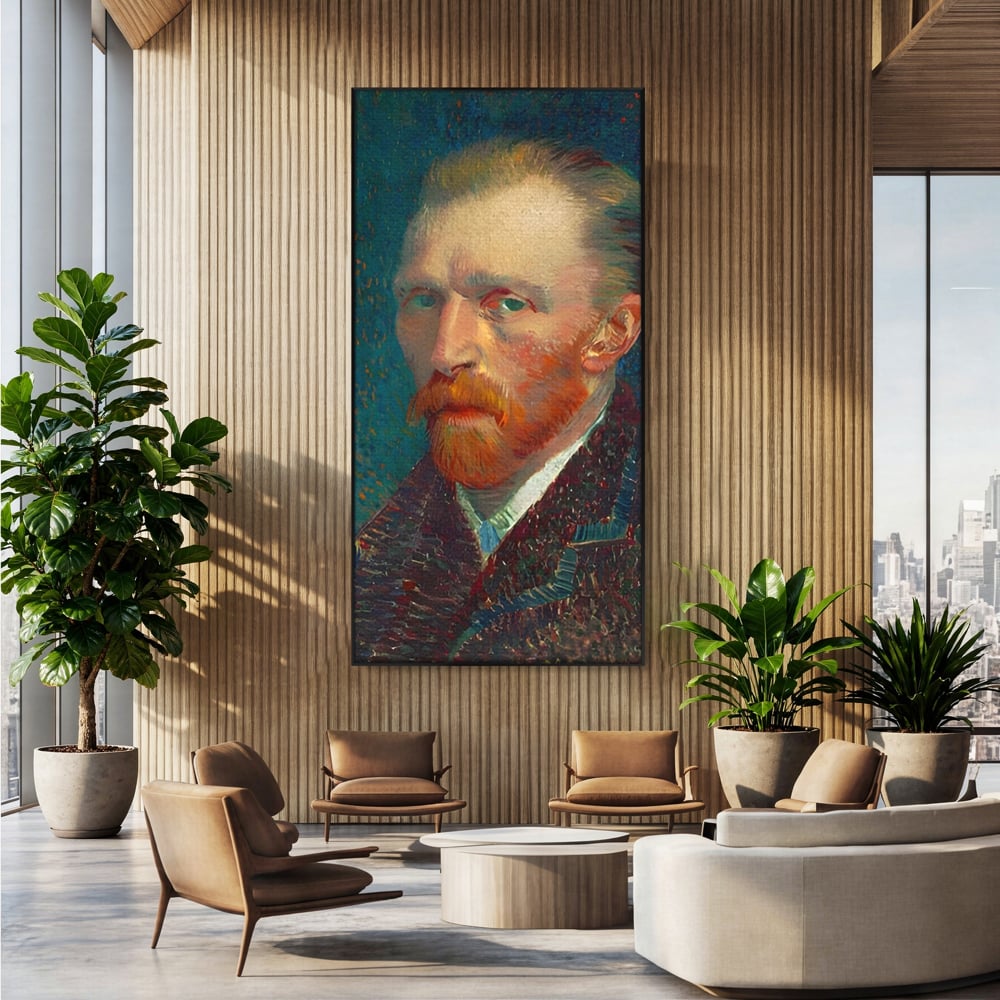 Tablou canvas cu autoportret vincent van gogh, in rama de aluminiu negru, pe perete intr-un birou